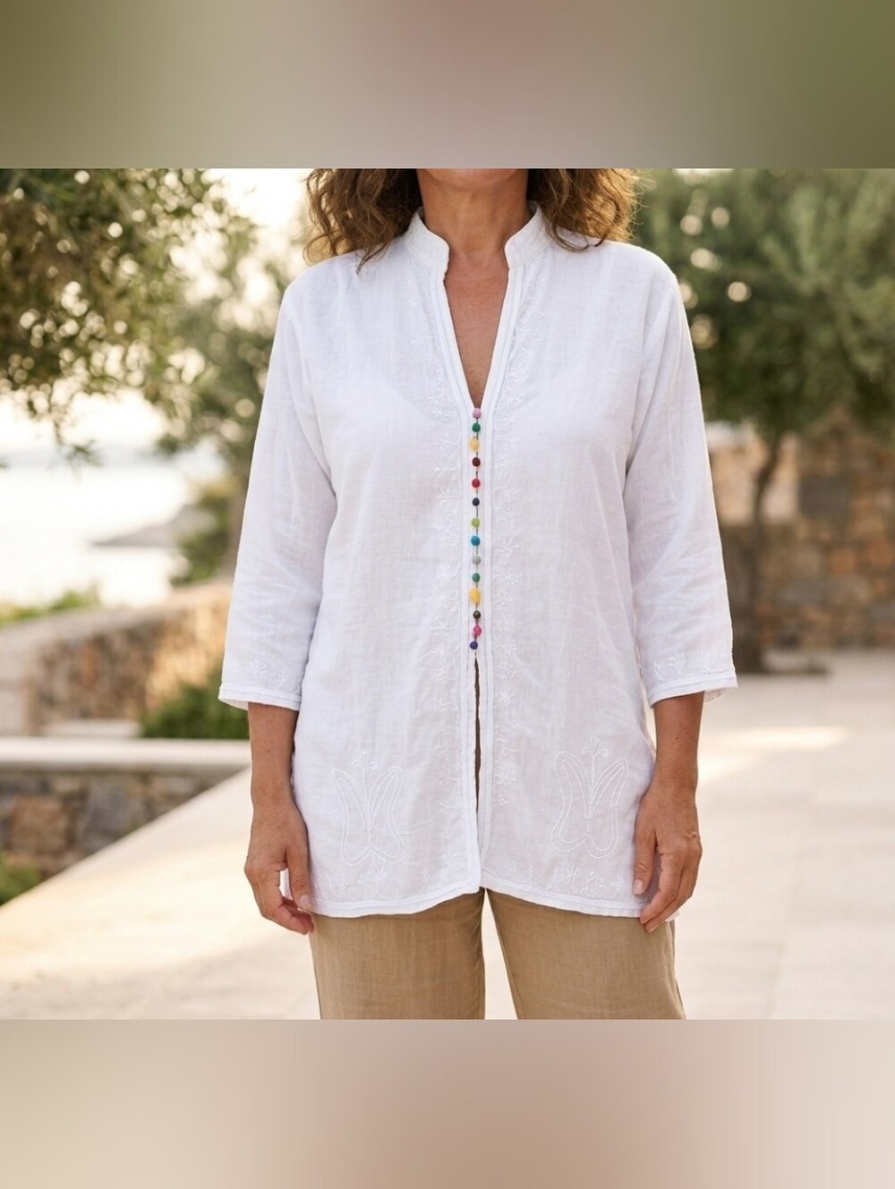 Linen Tunic Women L With Colored Knot Buttons Pullover Embroidered Top Boho